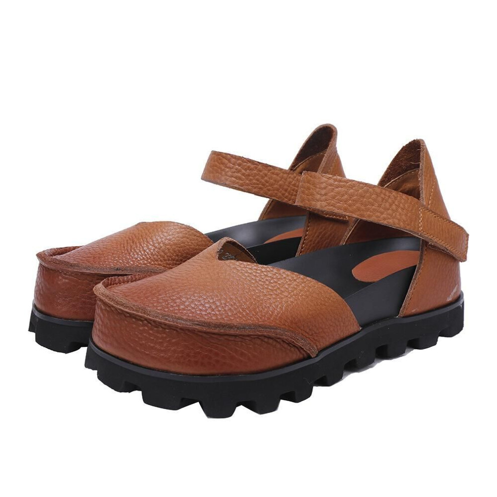 (brown, 39) Johnature Women's Shoes Genuine Leather Shallow Inner Height Increase Soft Soled Casual Flat Sandals