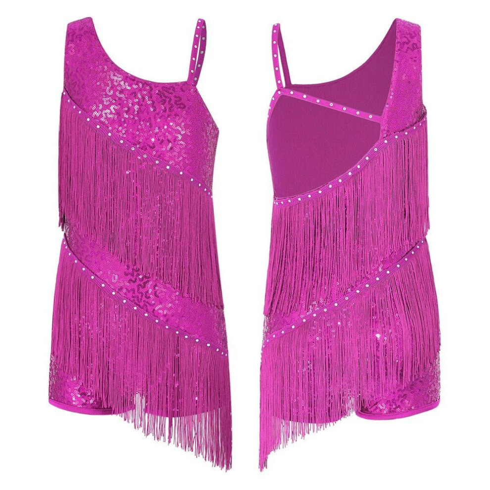(hot pink, 11-12 Years) Kids Girls Sleeveless Oblique Shoulder Shiny Sequins Rhinestone Decorated Outlook Tassels Latin Dance Leotards Stage Costume Fancy Party Dress