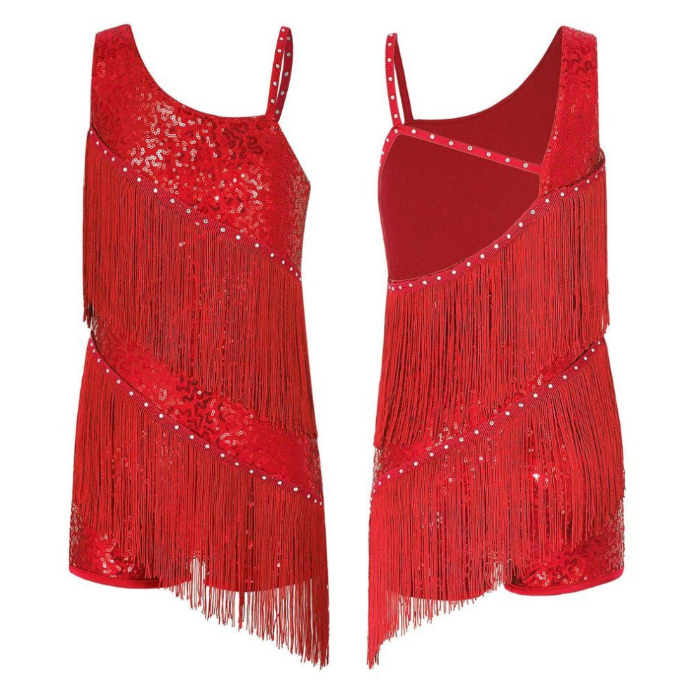(red, 15-16 Years) Kids Girls Sleeveless Oblique Shoulder Shiny Sequins Rhinestone Decorated Outlook Tassels Latin Dance Leotards Stage Costume Fancy Party Dress