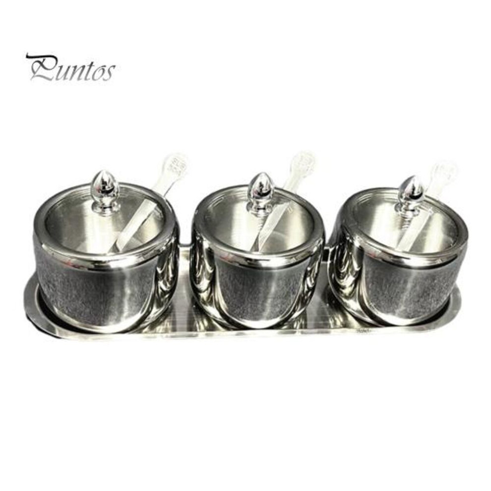 (silver, A) Stainless Steel Seasoning Containers Set With Lid Spoon Tray 3 Grids Condiment Jar Spice Container Canisters Pots For Serving Sugar Pepper Salt Spice