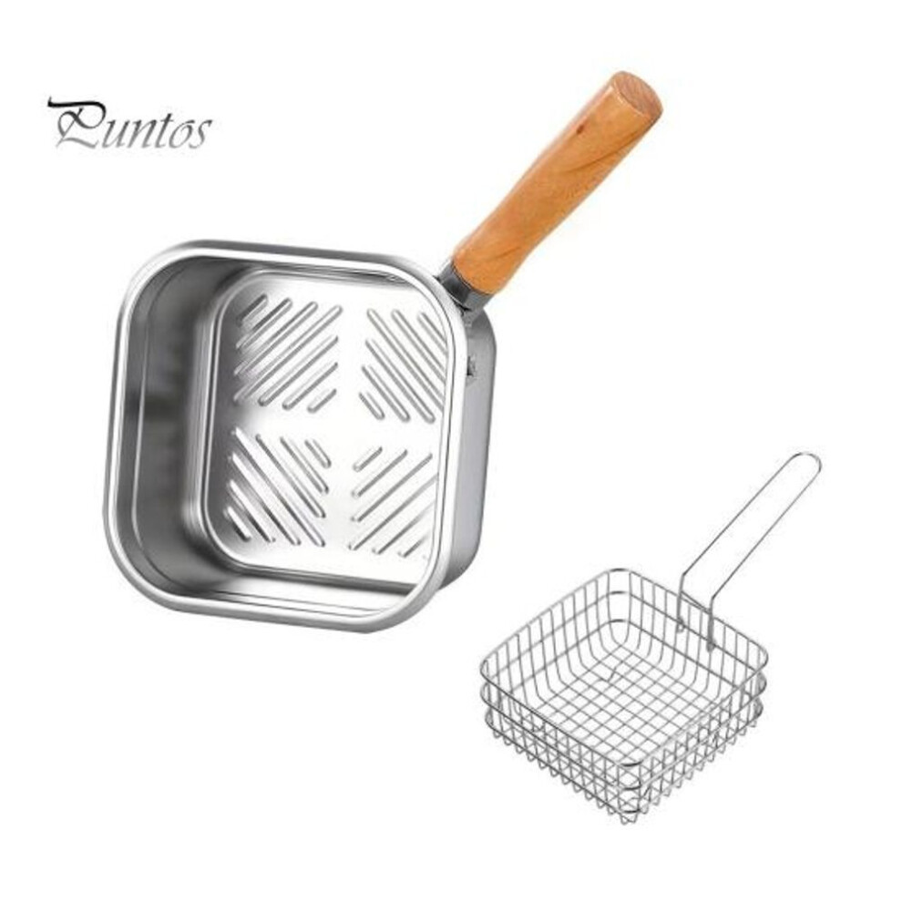 (as the picture, A) Small Deep Fryer Pot Steamer Cookware Cooking Tool Wooden Handle Stainless Steel Portable Pan for Vegetables Camping Picnics