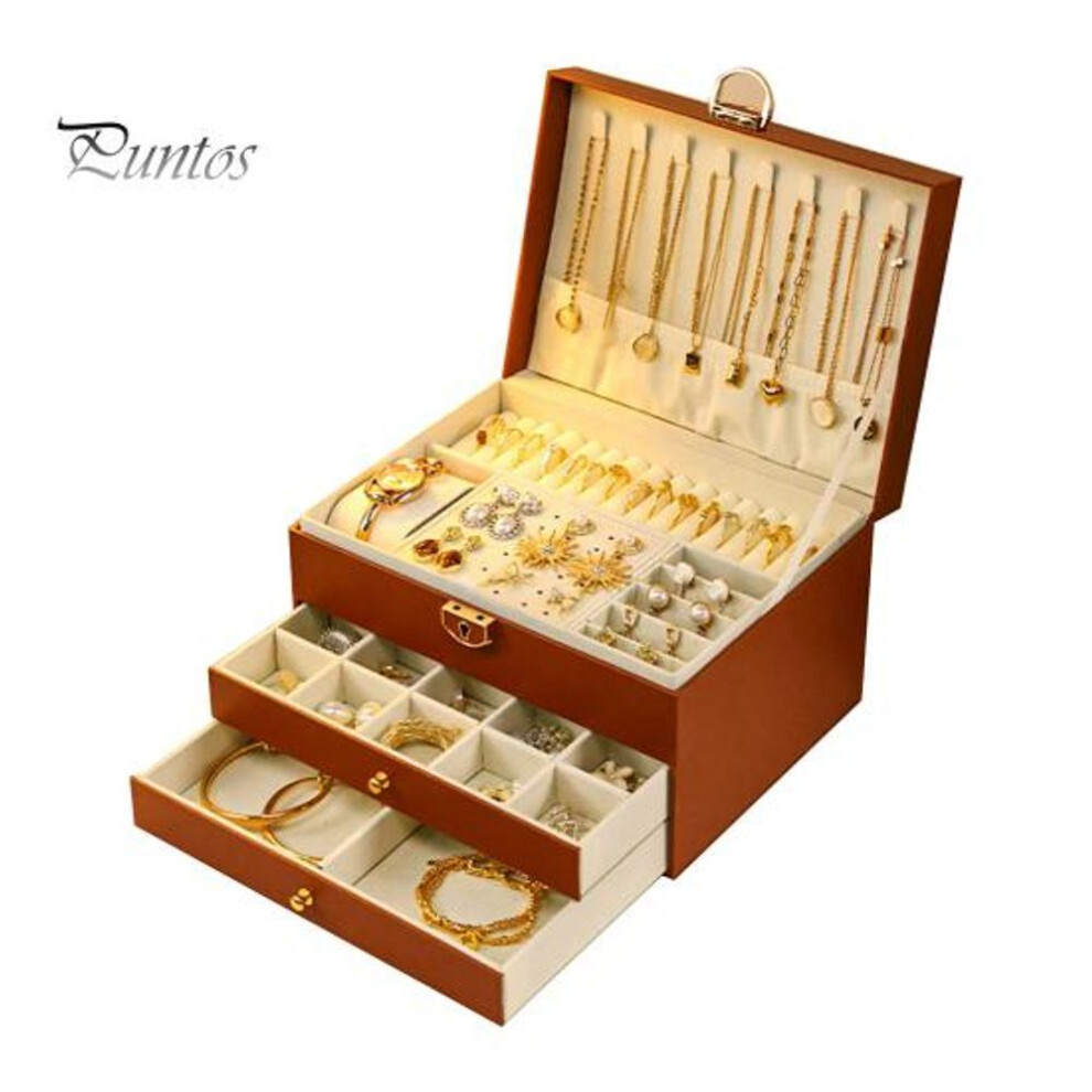 (brown) Jewelry Storage Box With Removable Dividers Large-capacity Multiple Compartments 3-tier Earring Container Jewelry Holder Organizer