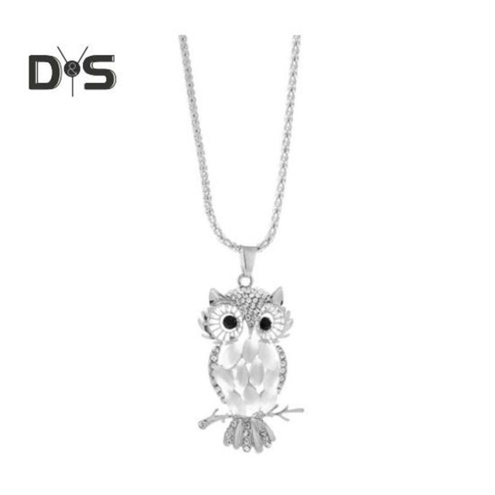 (silver) Owl Necklace Sweater Chain Faux Opal Rhinestone Decor Alloy Clothes Jewelry Dating Prom Party Garment Decoration Necklace