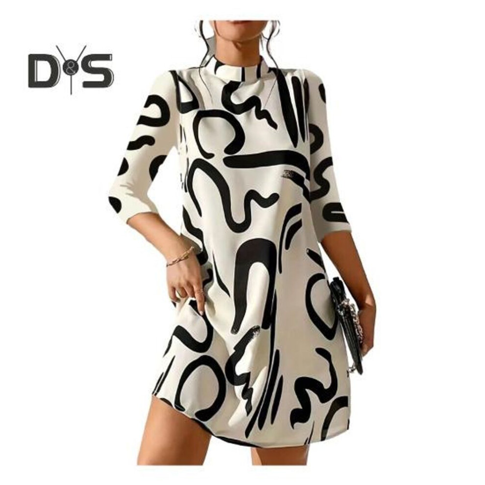 (beige, M) Women Dress Half high Collar Color Matching Printed Loose Long Sleeve Thick Soft Warm Retro Pullover Fall Winter Mini Dress