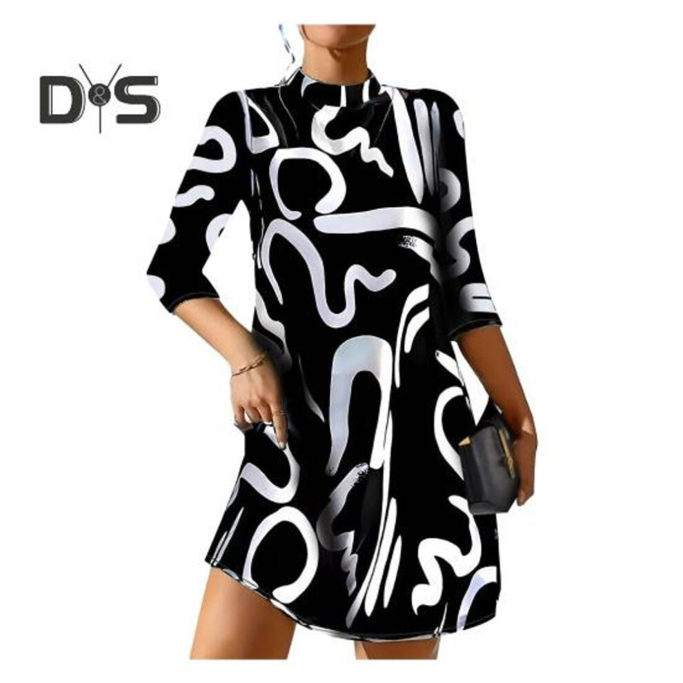 (black, L) Women Dress Half high Collar Color Matching Printed Loose Long Sleeve Thick Soft Warm Retro Pullover Fall Winter Mini Dress