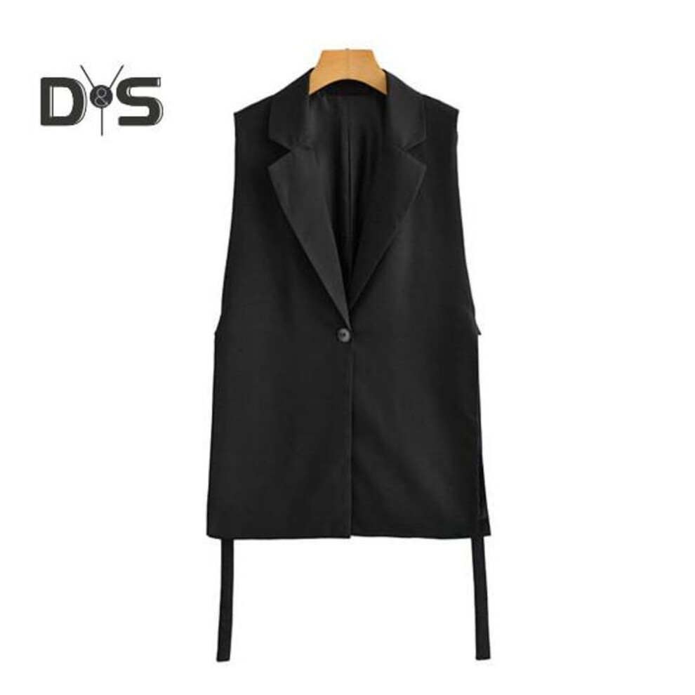 (black, S) Women Vest Coat Turn Down Collar Sleeveless Loose Solid Color Single Button Cardigan Strap Decor Mid Length Commute Formal Suit Waistcoat