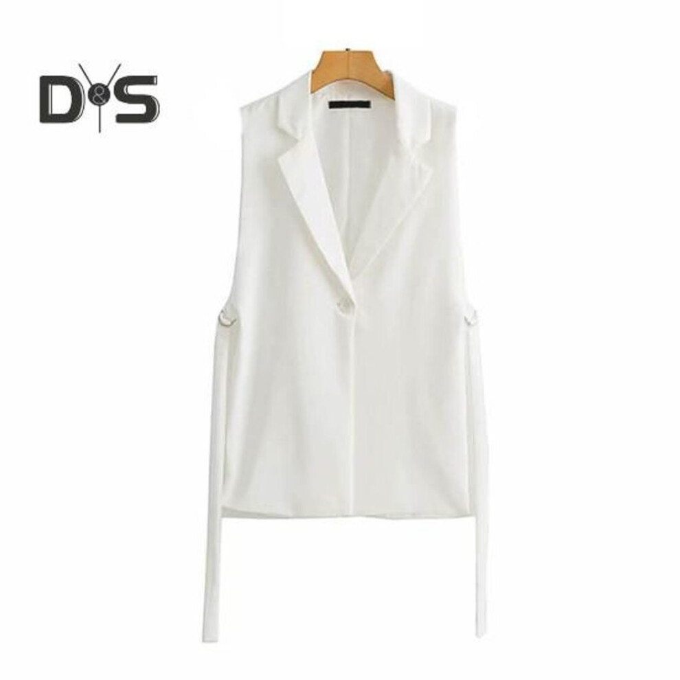 (white, M) Women Vest Coat Turn down Collar Sleeveless Loose Solid Color Single Button Cardigan Strap Decor Mid Length Commute Formal Suit Waistcoat