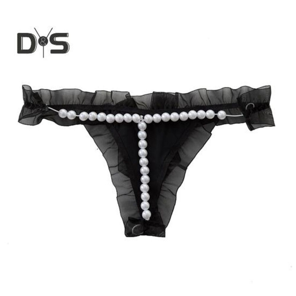 (black white, L) Women Thong Faux Pearl Lace Decor Spaghetti Strap Open Crotch Solid Color Low Waist Seductive Elastic Hot Lady G String Panties Underwear