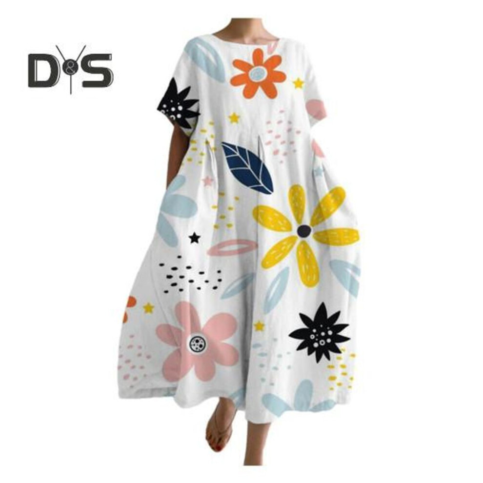 (white, 3XL) Women Dress Loose Round Neck Short Sleeve Bohemian Style Artistic Floral Printed Soft Oversized Beach Travel Summer Midi Dress