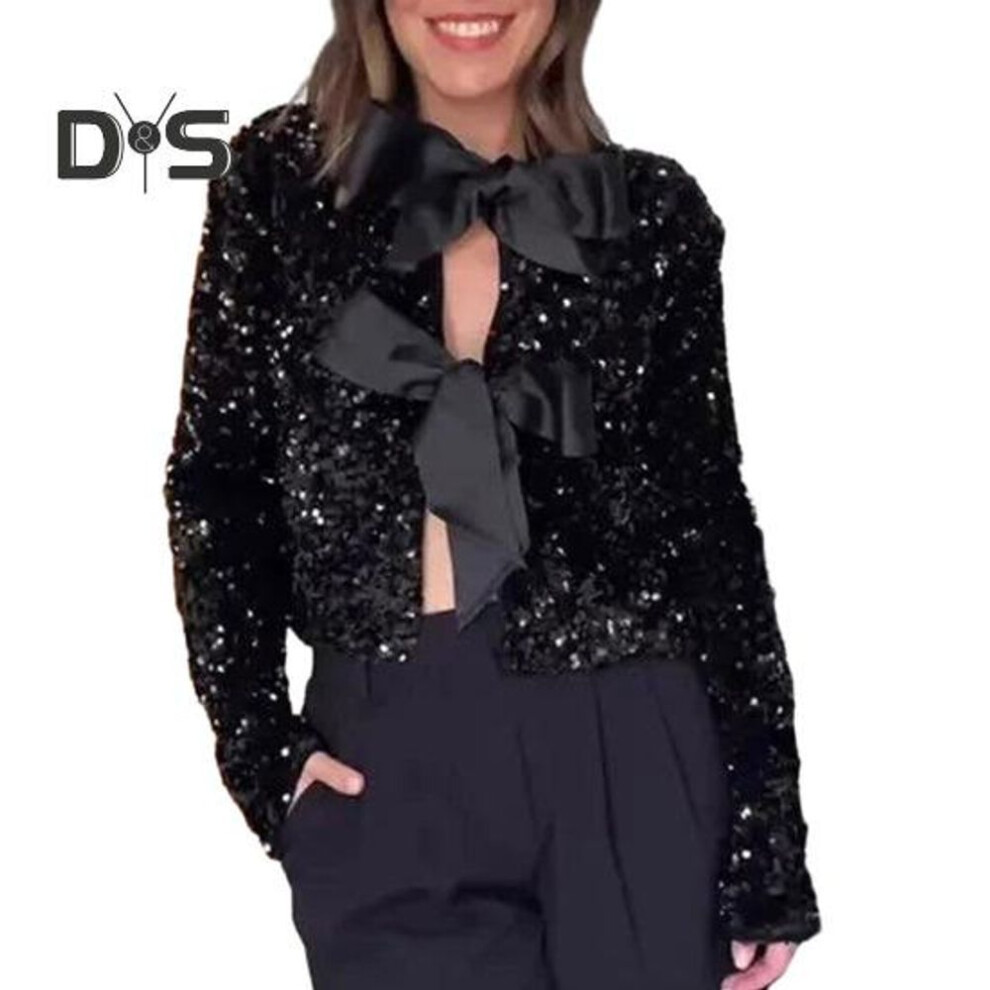 (L, black) Women Autumn Winter Cropped Coat O Neck Long Sleeve Sexy Nightclub Coat Sequins Bowknot Lace Up Glitter Cardigan Party Club Outerwear
