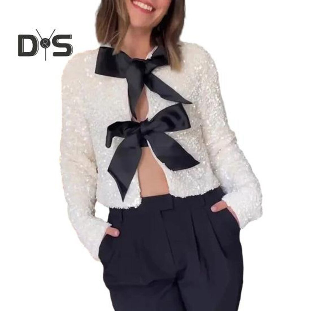 (M, white) Women Autumn Winter Cropped Coat O Neck Long Sleeve Sexy Nightclub Coat Sequins Bowknot Lace Up Glitter Cardigan Party Club Outerwear