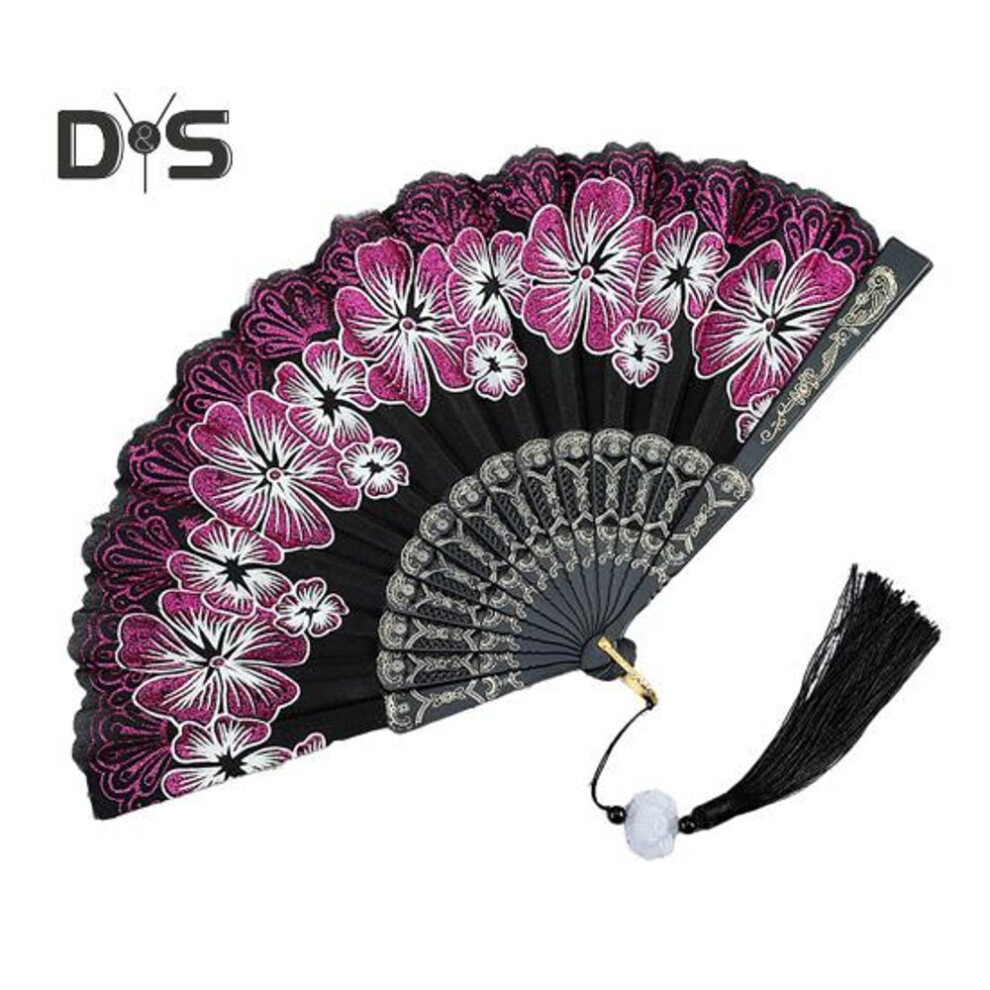 (rose red) Chinese Style Flower Folding Fan with Tassels Portable Summer Hand Held Cooling Fan Decoration Dance Performance Props Party Costume Accessories