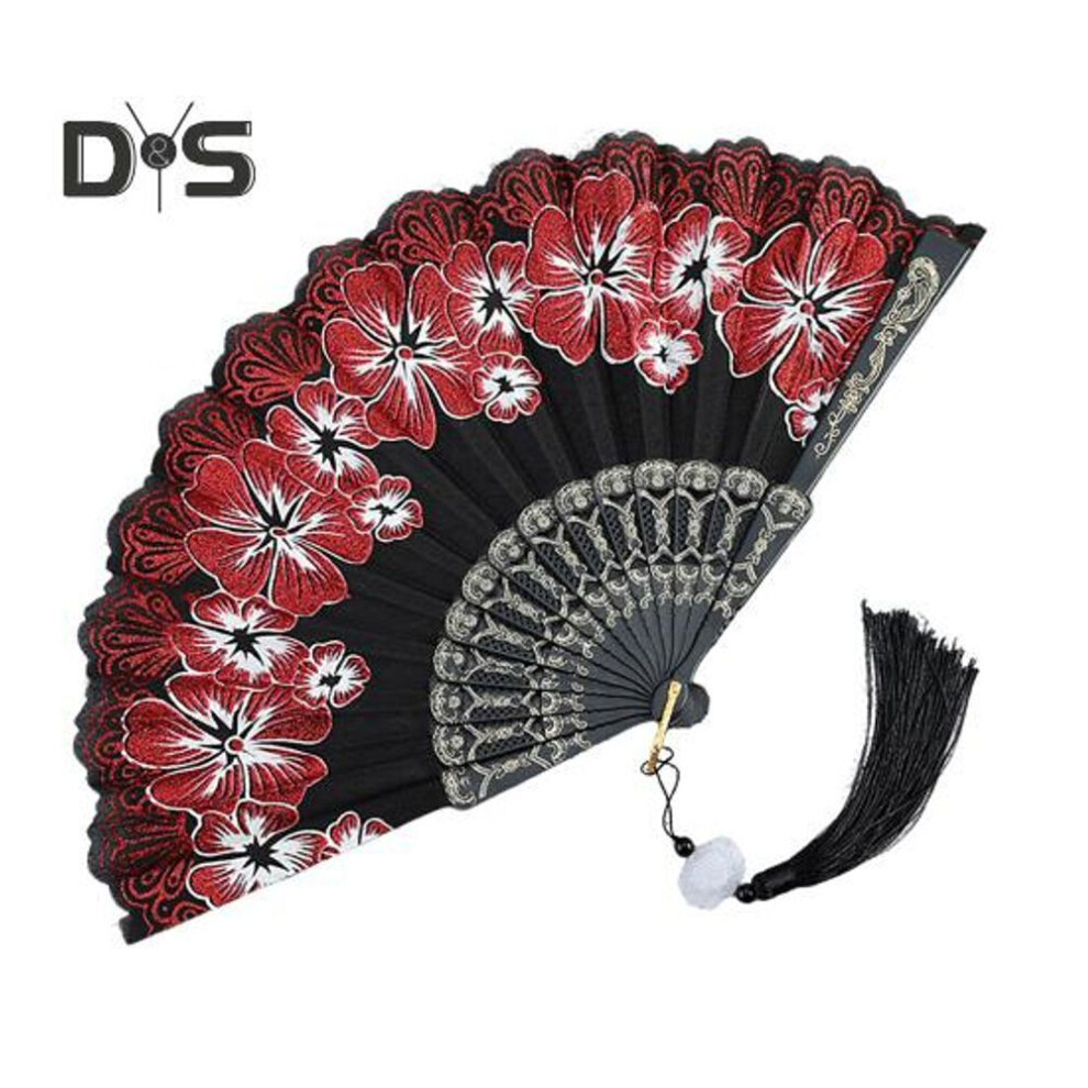 (red) Chinese Style Flower Folding Fan with Tassels Portable Summer Hand Held Cooling Fan Decoration Dance Performance Props Party Costume Accessories
