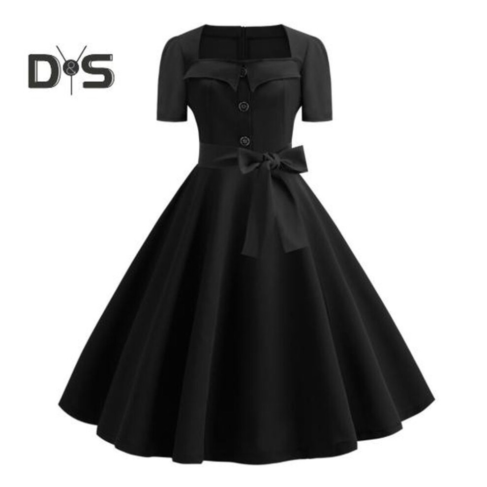 (black, L) Women Dress Square Neck Short Sleeve Retro 1950s A-line Big Hem Button Decor Dot Print Color Matching Mid Waist Belted Bow Decor Performance Prom