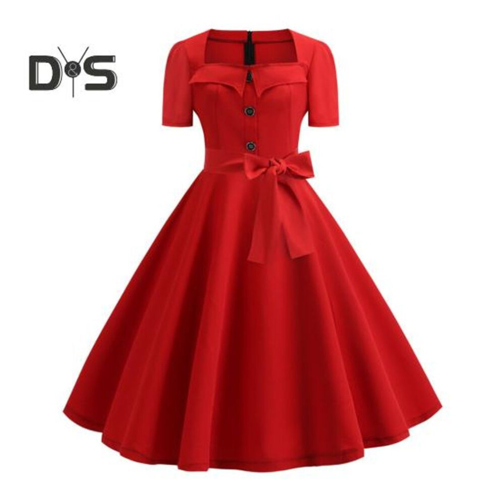 (dark red, M) Women Dress Square Neck Short Sleeve Retro 1950s A-line Big Hem Button Decor Dot Print Color Matching Mid Waist Belted Bow Decor Performance Prom