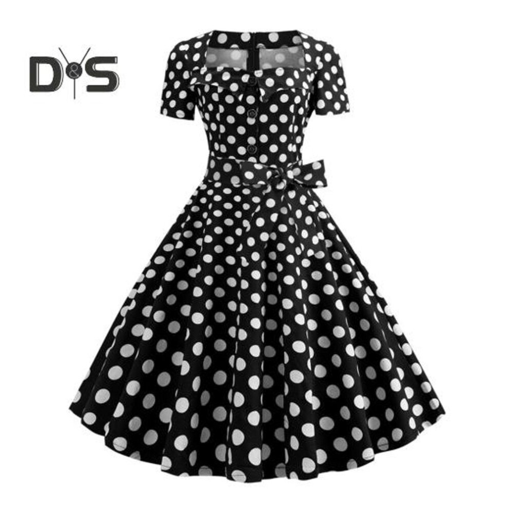 (black white, 2XL) Women Dress Square Neck Short Sleeve Retro 1950s A-line Big Hem Button Decor Dot Print Color Matching Mid Waist Belted Bow Decor Performance Prom