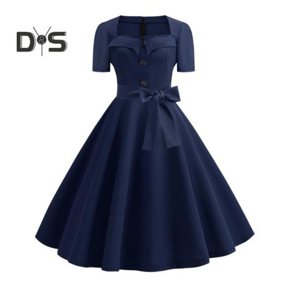 (navy blue, 2XL) Women Dress Square Neck Short Sleeve Retro 1950s A-line Big Hem Button Decor Dot Print Color Matching Mid Waist Belted Bow Decor Performance Prom