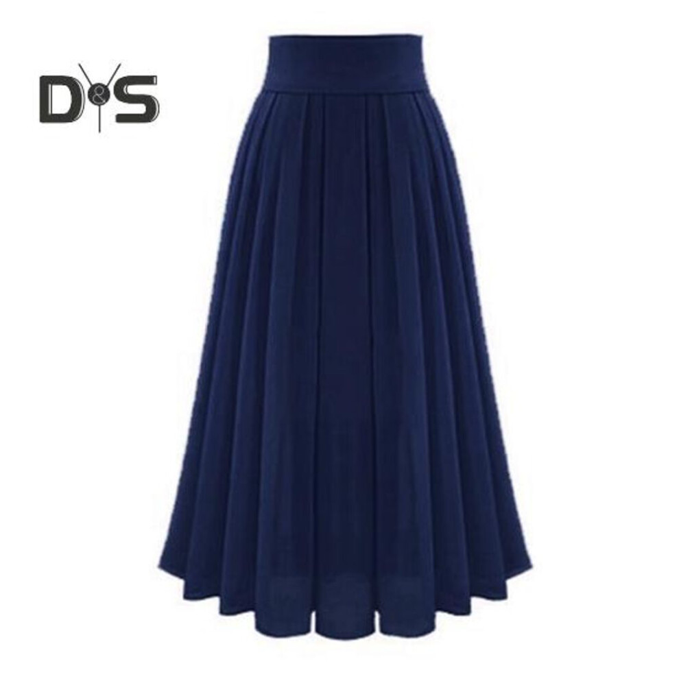 (3XL, dark blue) Women Skirt High Waist Pleated Loose Solid Color Elastic Waist Soft Double Layered Mid Calf Length Lady Prom Party Daily Midi Skirt