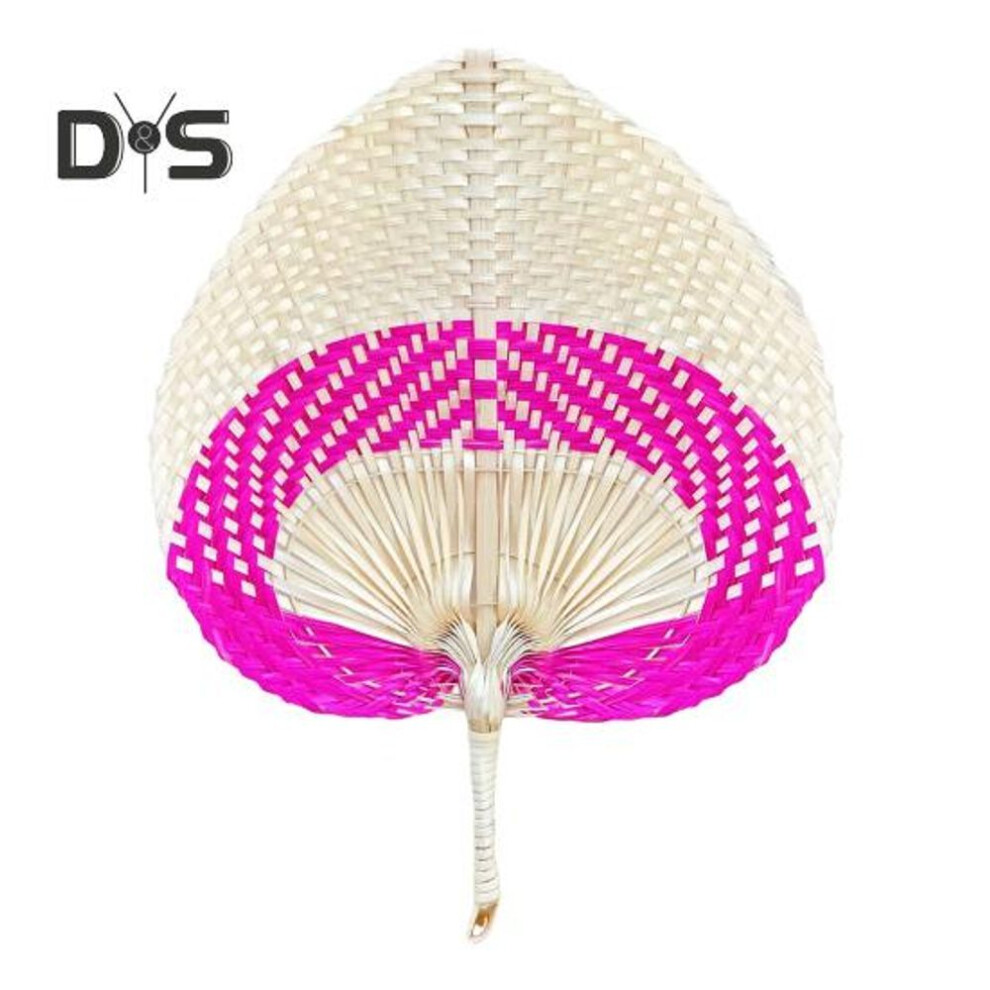 (pink,white) Handmade Weaving Fan Natural Bamboo Raffia Hand Fan Chinese Style Woven Palm Leaf Handheld Fan Summer Cooling Fan Wedding Party Decoration