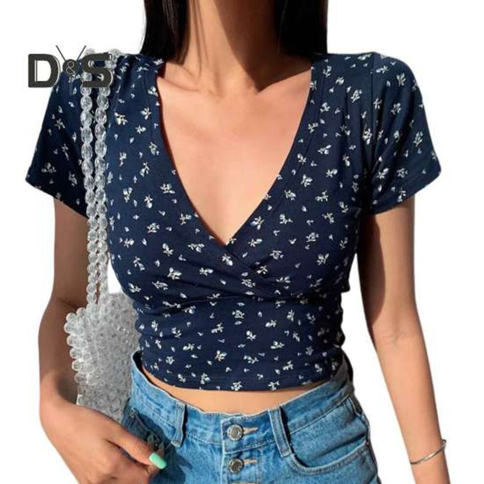 (2XL, dark blue) Women Summer Top V Neck Short Sleeve Waist exposed Small Flower Print Pullover Soft Breathable Retro Slim Fit Lady Sweet T shirt