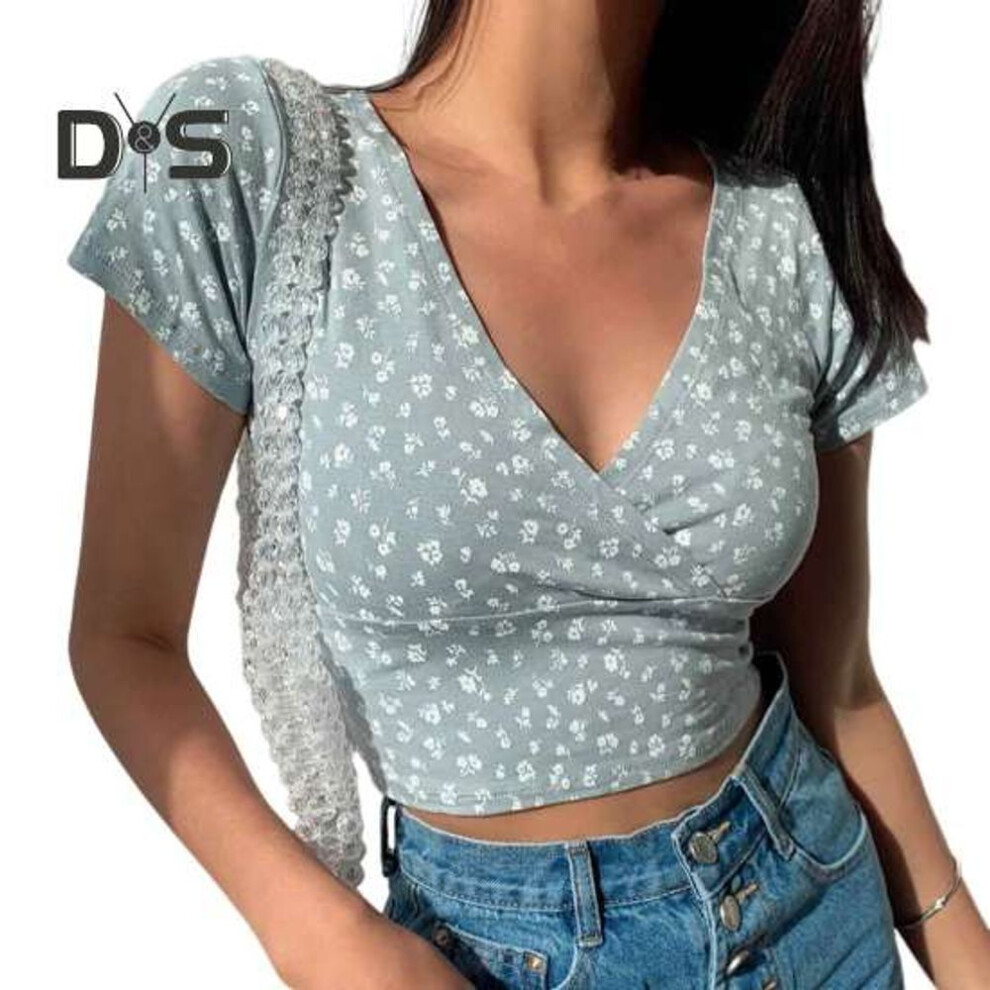 (S, light blue) Women Summer Top V Neck Short Sleeve Waist exposed Small Flower Print Pullover Soft Breathable Retro Slim Fit Lady Sweet T shirt