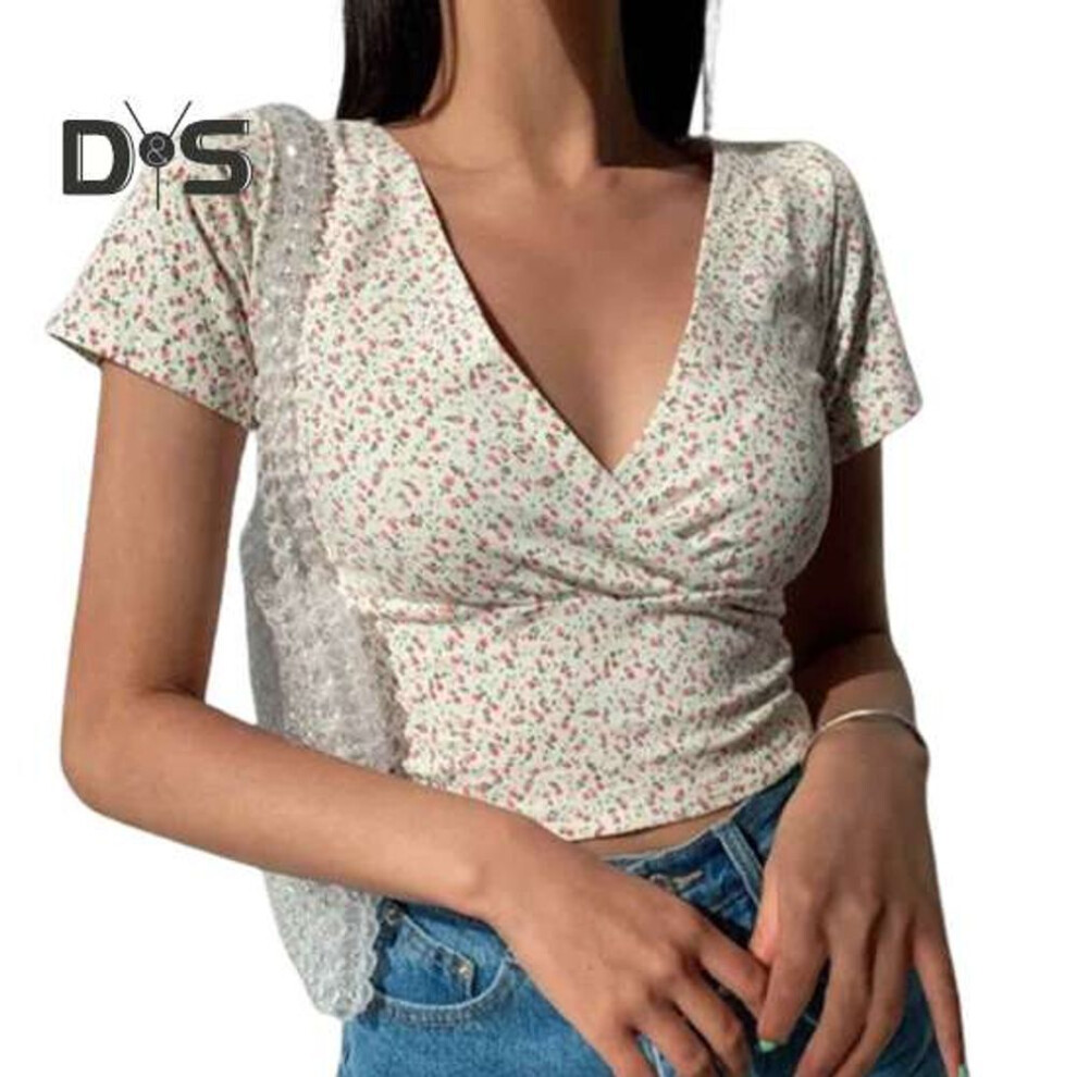 (M, yellow) Women Summer Top V Neck Short Sleeve Waist Exposed Small Flower Print Pullover Soft Breathable Retro Slim Fit Lady Sweet T Shirt