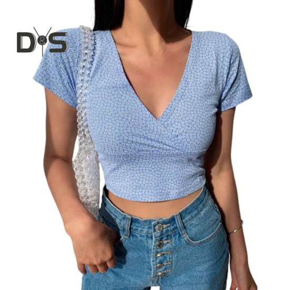 (S, blue,purple) Women Summer Top V Neck Short Sleeve Waist exposed Small Flower Print Pullover Soft Breathable Retro Slim Fit Lady Sweet T shirt