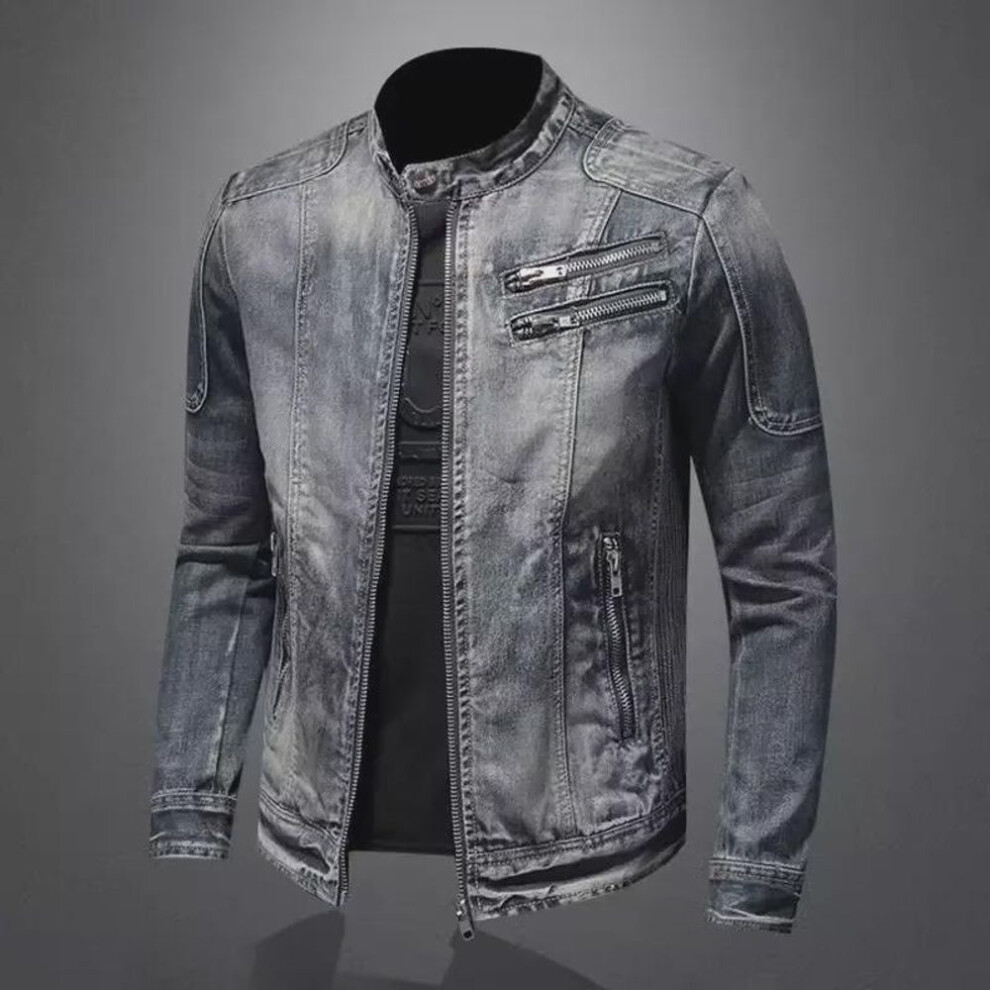 (3XL) Retro European-american Style Slim Fit Lapel Denim Motorcycle Jacket For Men - Trendy Casual Fashion Top