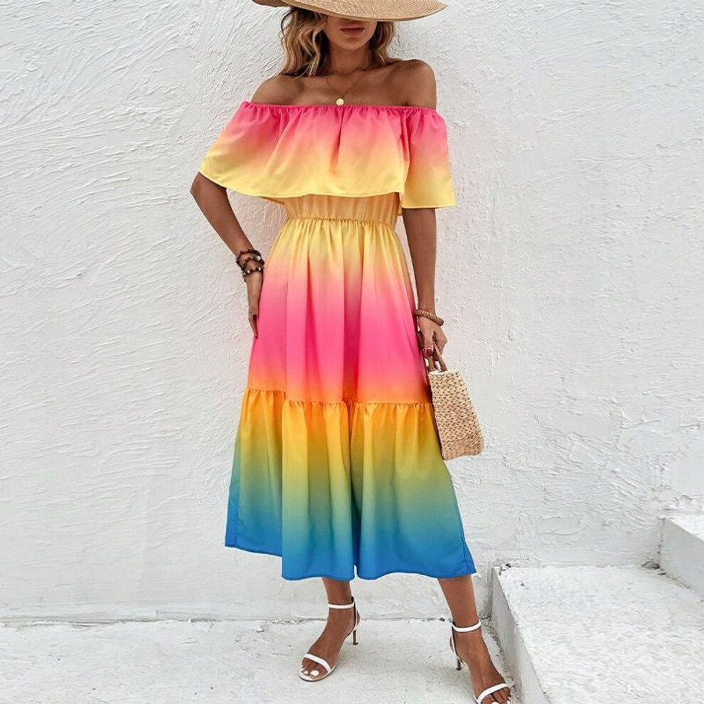 (orange, S) Spring Summer Women Seaside Vacation Rainbow Color Slim Fit Short Sleeve Dresses High Waist A-line One-piece Lotus Shoulder Dress S-xl