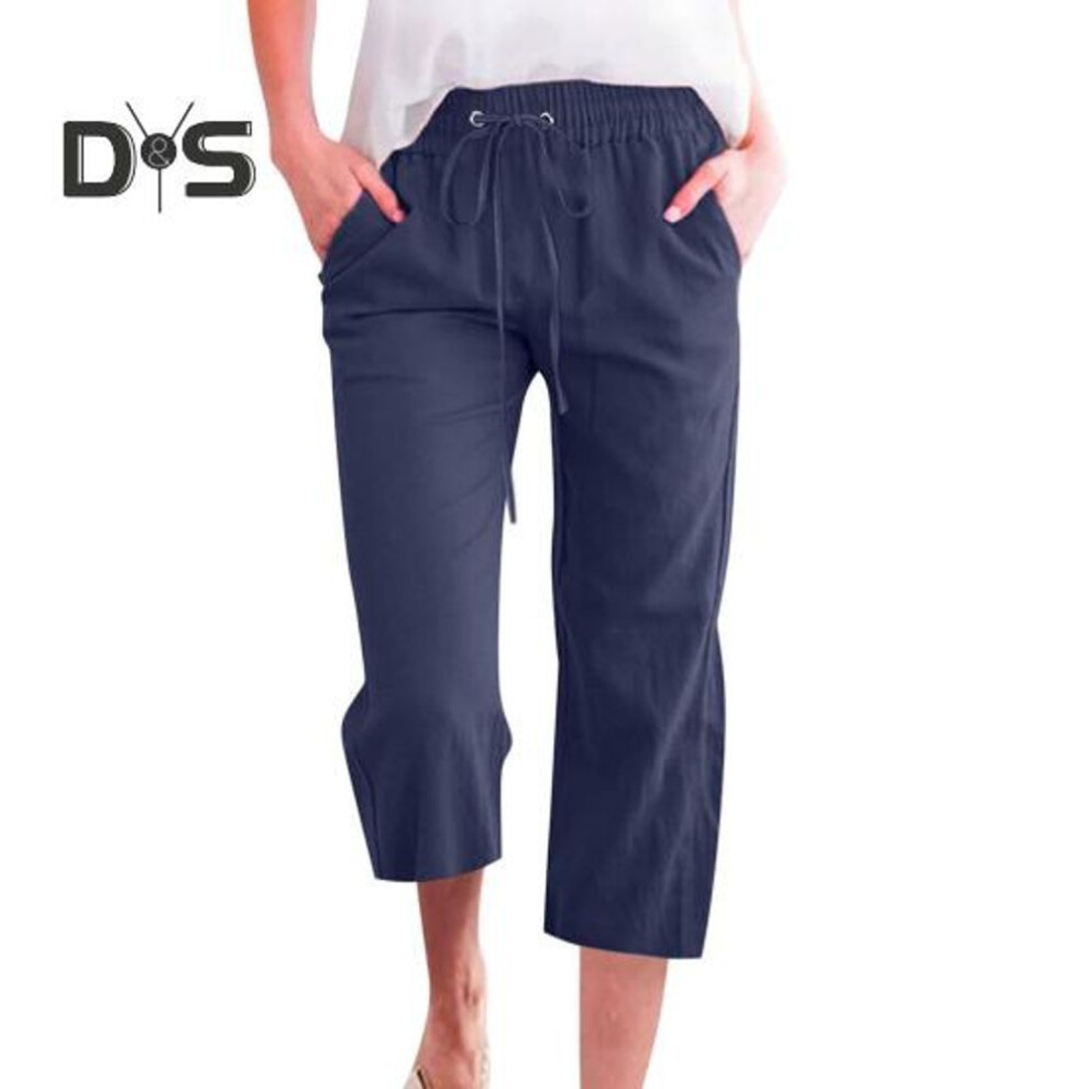 (navy blue, L) Women Summer Pants Sweatpants Solid Color Straight Soft Elastic Waist Drawstring Trousers Mid Calf Length Cropped Pants