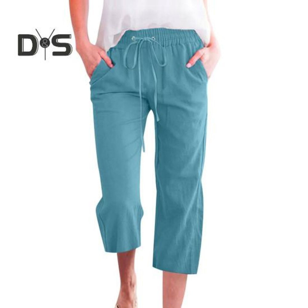 (sky blue, L) Women Summer Pants Sweatpants Solid Color Straight Soft Elastic Waist Drawstring Trousers Mid Calf Length Cropped Pants