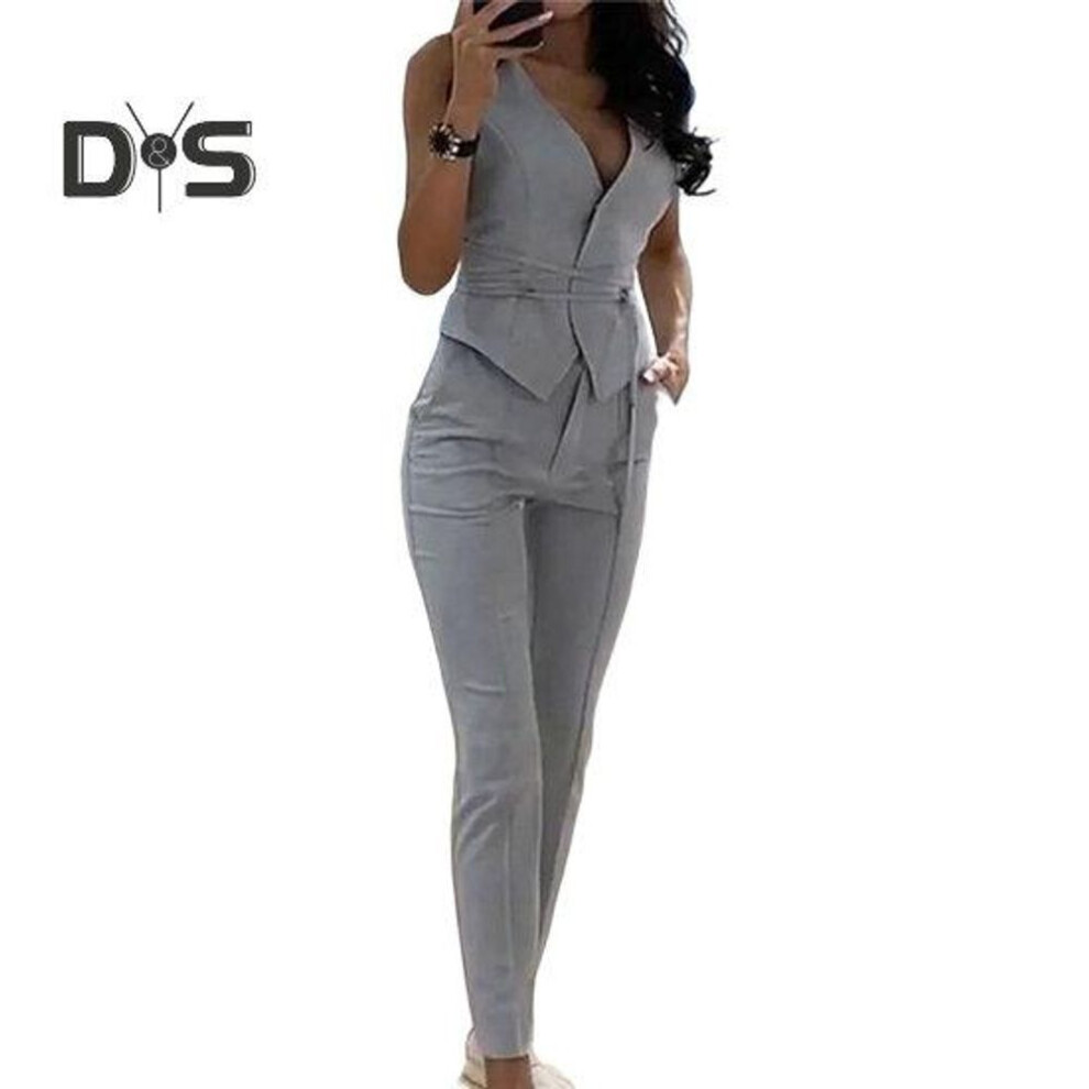 (grey, S) 2Pcs/Set Formal Women Summer Outfit OL Style Chic Pure Color Lady Jacket Pants