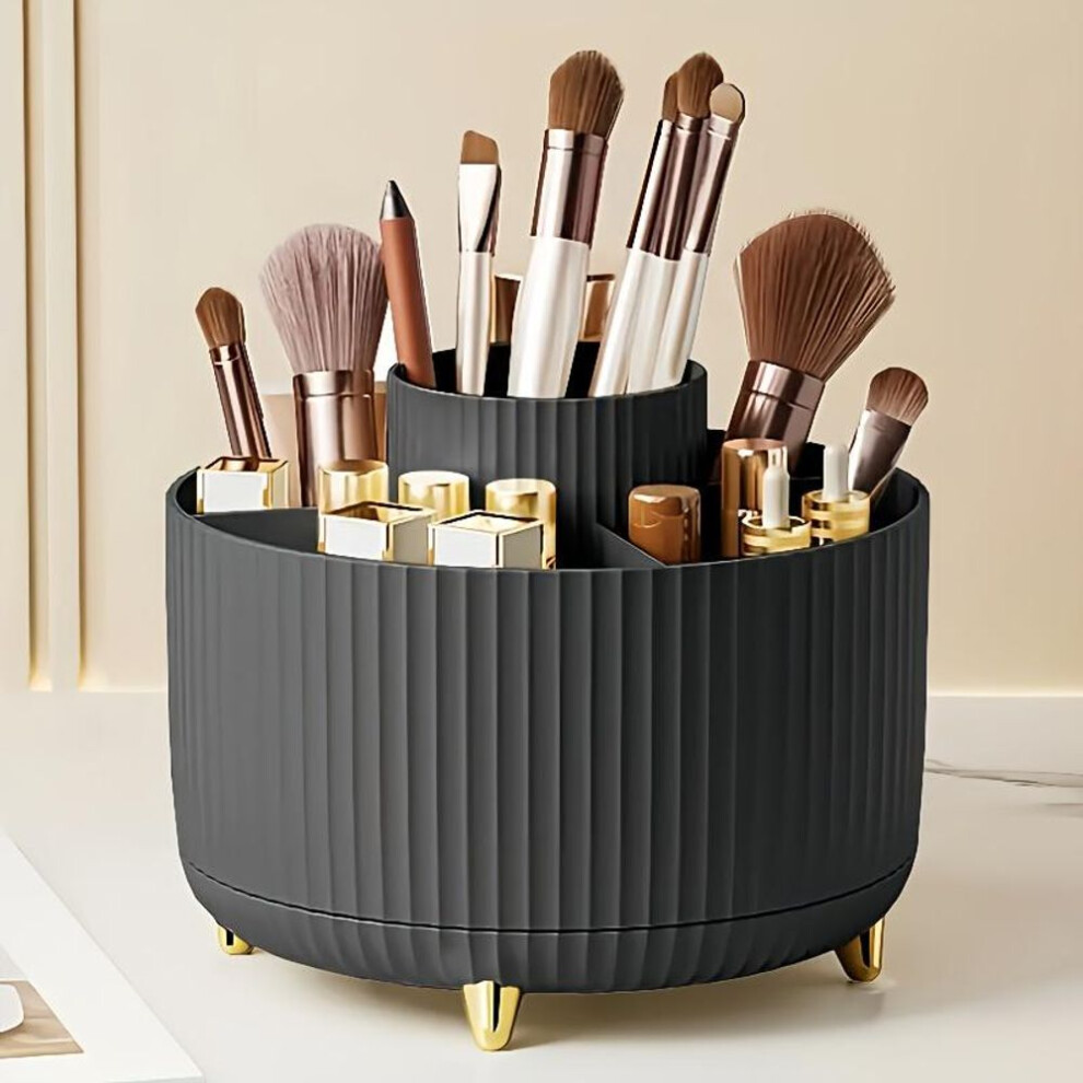 (black) Makeup Organizer 360 Rotating- 1pc Plastic Storage with 5-Compartment System - Holds Brushes, Lipsticks, Skincare, Stationery - Durable Stripe Design