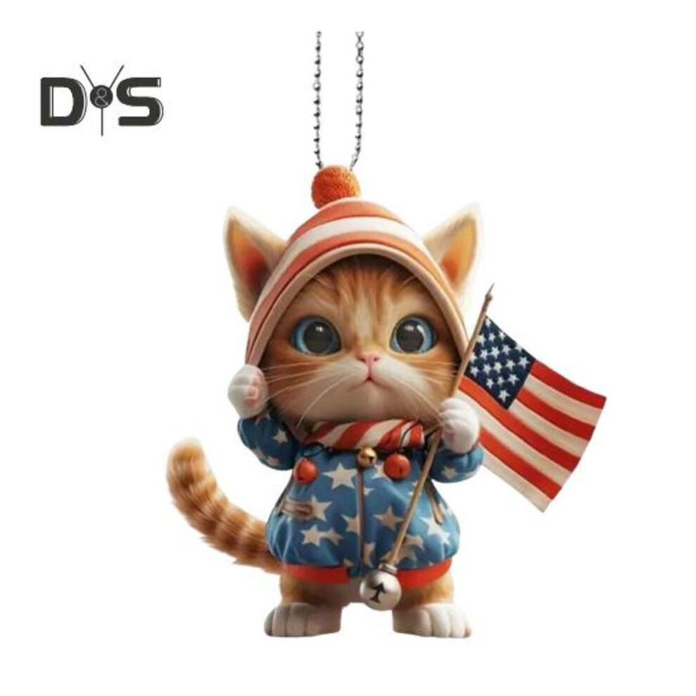 (as the picture, A) Cat Hanging Pendant Car Rear View Mirror Decoration Charm 2D Flat Acrylic Cat Hold on Flag Key Pendant Gift Cartoon Car Accessory