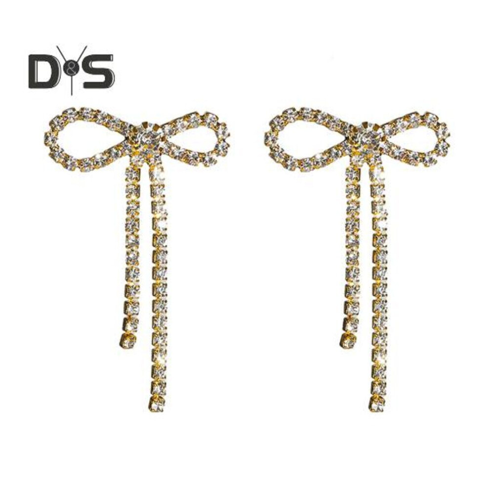 (golden) 1 Pair Women Stud Earrings Rhinestone Bow Tassel Earrings Bowknot Long Tassel Earrings Jewelry Accessories