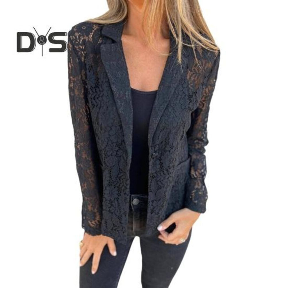 (black, 3XL) Women Suit Coat Lace Design Lapel Long Sleeve Solid Color Elegant Blazer Jacket Business Outerwear Casual Daily Wear