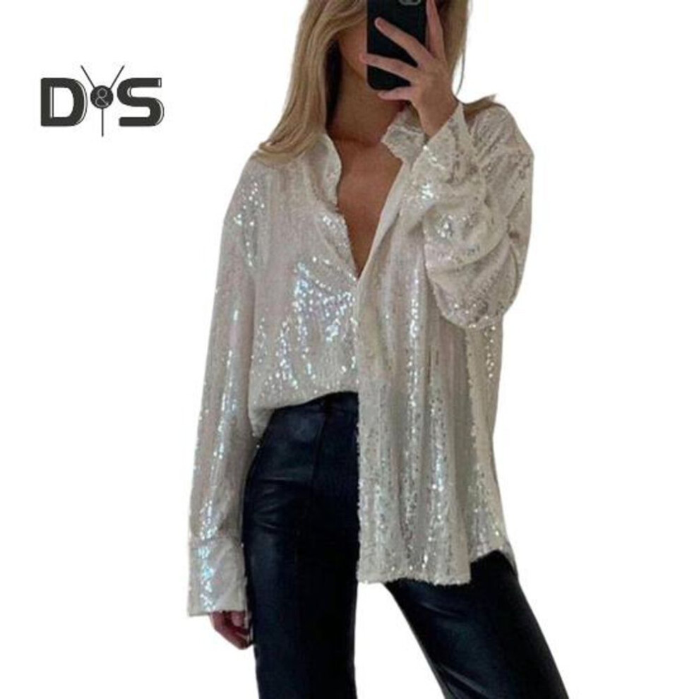(XL, apricot) Women's Sequin Button Down Shirt Long Sleeve Lapel Shiny Blouse Ladies Casual Loose Fit Top for Work Leisure And Daily Wear
