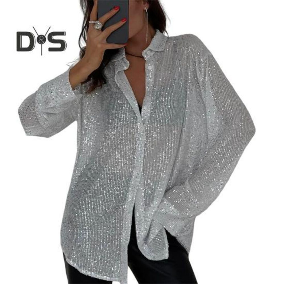 (S, silver) Women's Sequin Button Down Shirt Long Sleeve Lapel Shiny Blouse Ladies Casual Loose Fit Top for Work Leisure And Daily Wear
