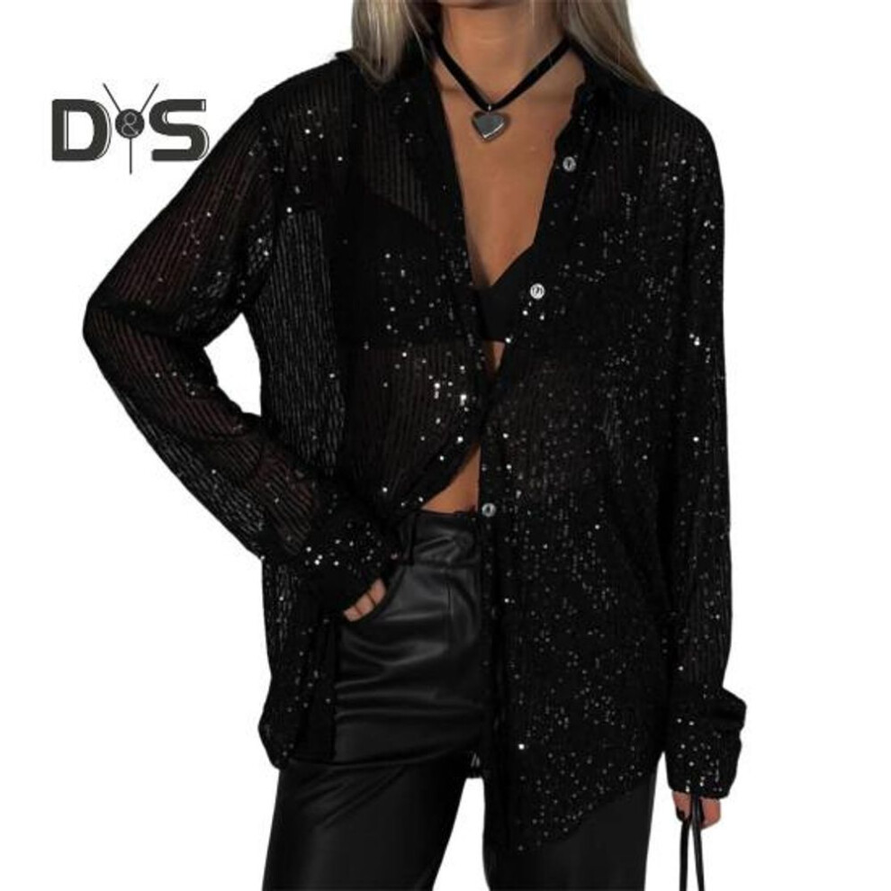(M, black) Women's Sequin Button Down Shirt Long Sleeve Lapel Shiny Blouse Ladies Casual Loose Fit Top for Work Leisure And Daily Wear