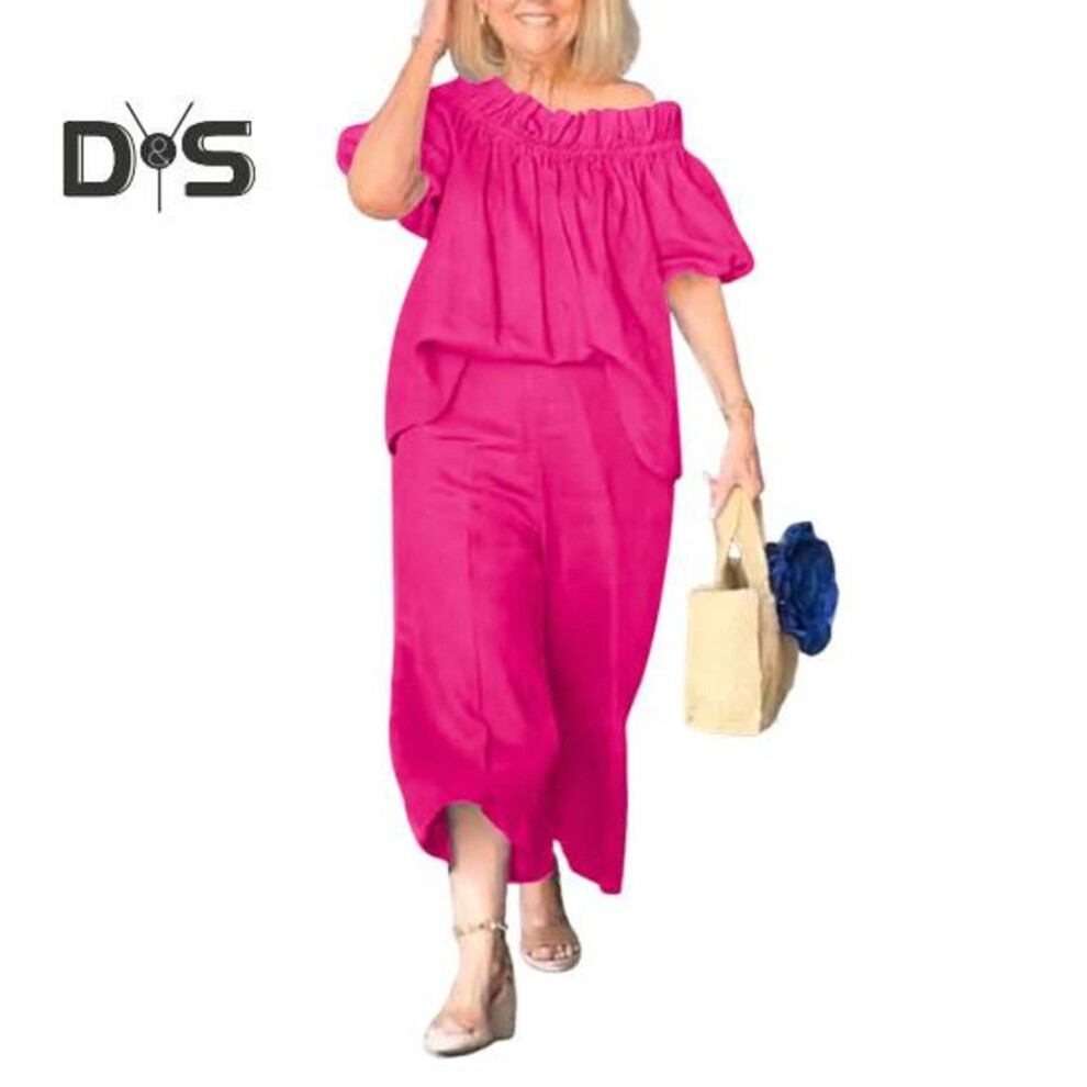 (rose red, S) 2 Pcs/set Women Top Pants Suit Ruffle Shoulder Short Sleeves Pleated Blouse Wide Leg Loose Solid Color Cropped Trousers Vacation Casual Outfit