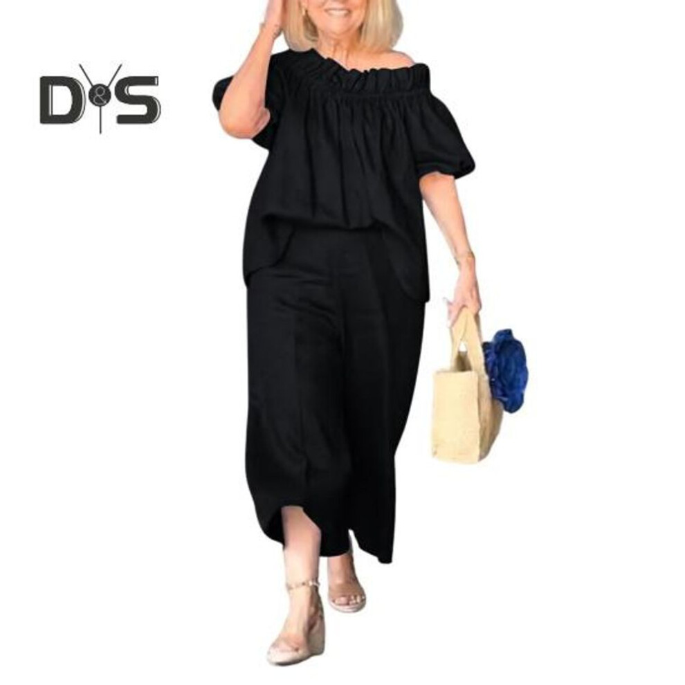 (black, 2XL) 2 Pcs/set Women Top Pants Suit Ruffle Shoulder Short Sleeves Pleated Blouse Wide Leg Loose Solid Color Cropped Trousers Vacation Casual Outfit