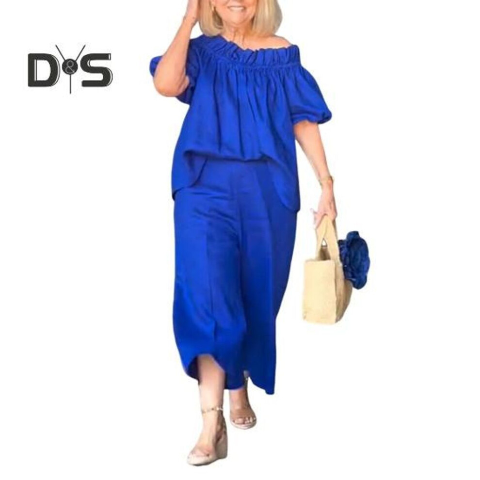 (blue, M) 2 Pcs/Set Women Top Pants Suit Ruffle Shoulder Short Sleeves Pleated Blouse Wide Leg Loose Solid Color Cropped Trousers Vacation Casual Outfit