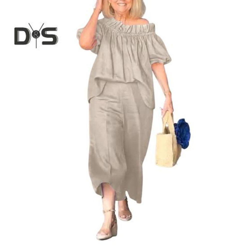(apricot, XL) 2 Pcs/set Women Top Pants Suit Ruffle Shoulder Short Sleeves Pleated Blouse Wide Leg Loose Solid Color Cropped Trousers Vacation Casual Outfit