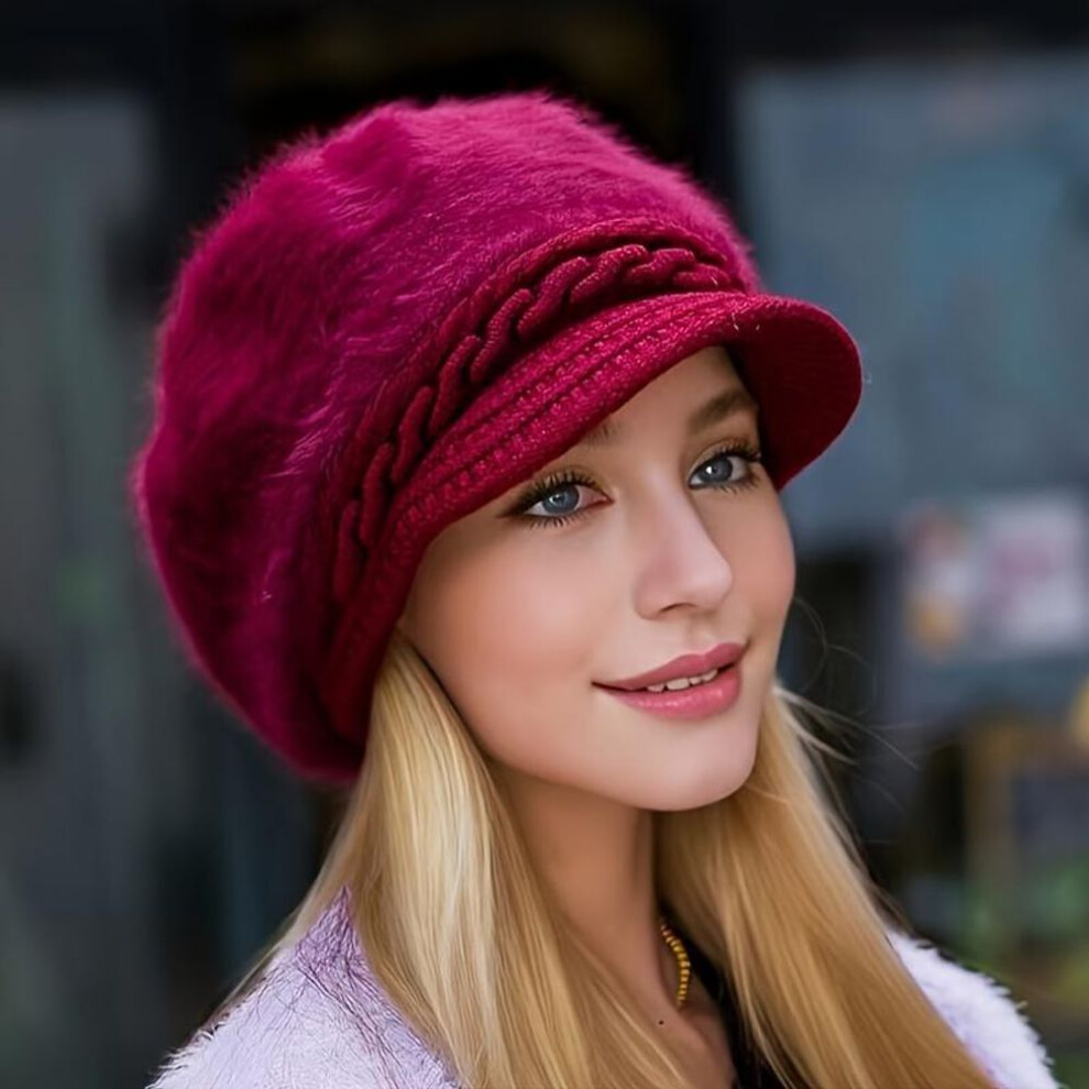 (burgundy) Winter Chic Faux Fur Beanie Hat - Soft, Thick, Warm, and Cozy Knit Winter Cap with Visor for Women - Perfect Christmas Gift Idea for Her