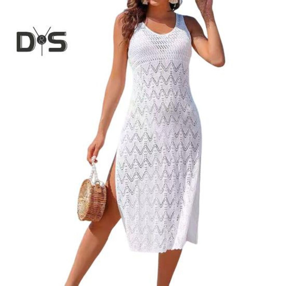 (white) Summer Hollowed Out Knitted Beach Dress For Woman Sexy V Neck Sleeveless Cami Dress Boho Cover-up Dress Summer Beach Party Sundress