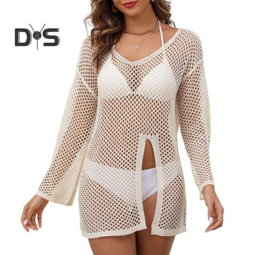 (apricot) Women Beach Cover Up V-neck Long Sleeve Side Slit Design Sun Protection. Loose Fit See-through Cover Up Dress