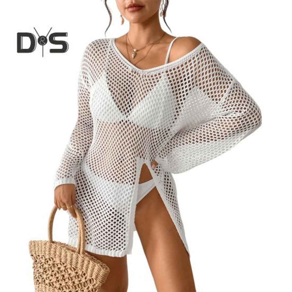 (white) Women Beach Cover Up V-neck Long Sleeve Side Slit Design Sun Protection. Loose Fit See-through Cover Up Dress