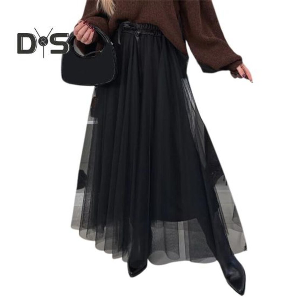(M, black) Women's Tulle Skirts High Waist Midi Skirt Black Mesh Flowy Party Dress Long Tutu Skirt For Wedding Party Cocktail Prom