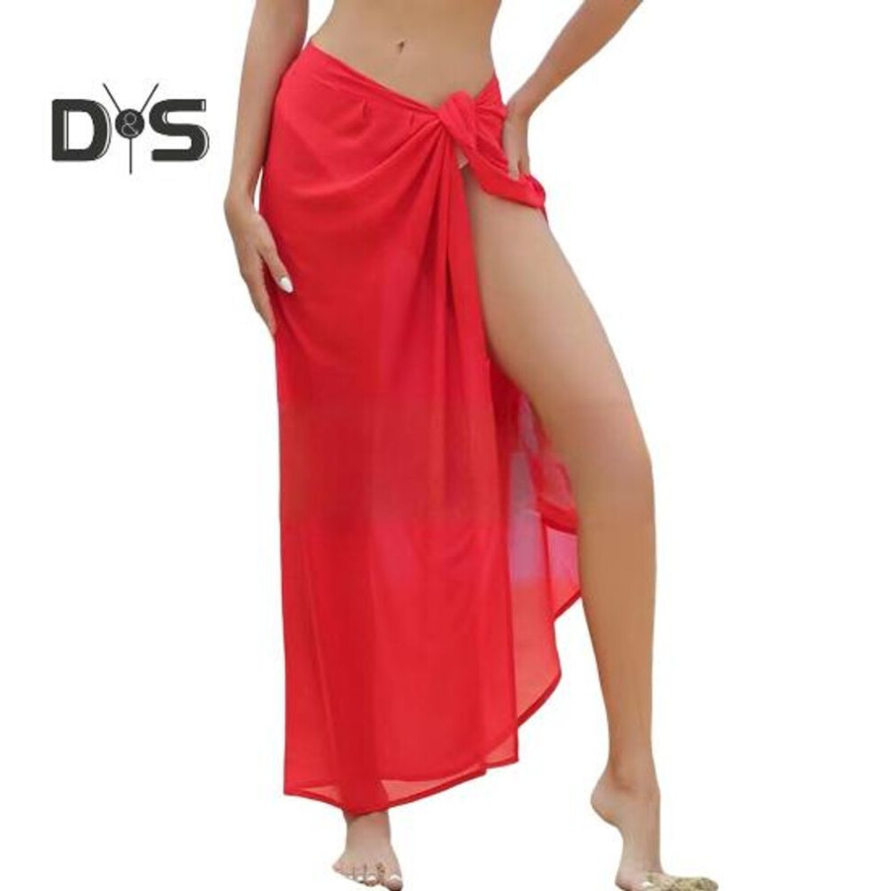 (red) Women Beach Skirt Lace-up Solid Color See-through Thin Quick-drying Flowy Skirt Sun Protection Bikini Cover Up