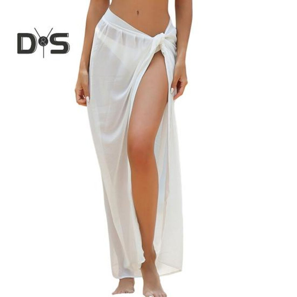 (white) Women Beach Skirt Lace-up Solid Color See-through Thin Quick-Drying Flowy Skirt Sun Protection Bikini Cover Up